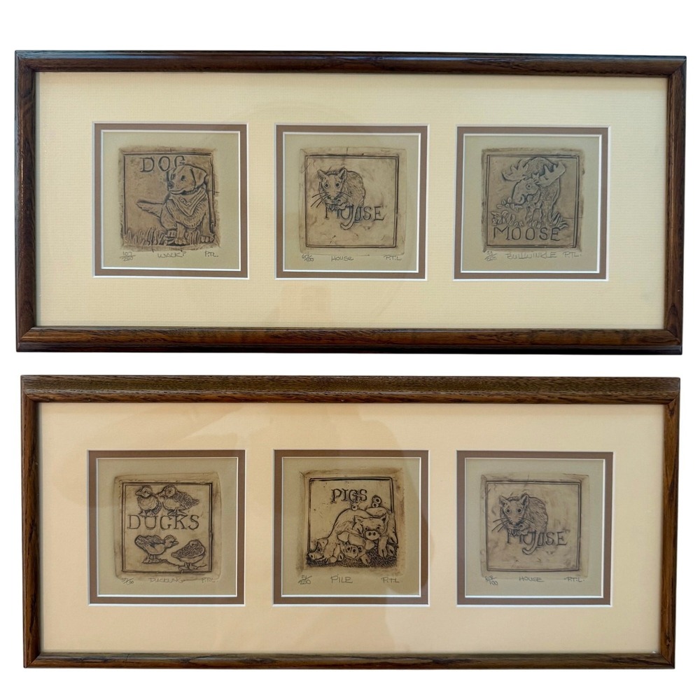 Vintage P.T.L. Framed Etchings – Signed Limited Editions, Animal Humor Set of 2